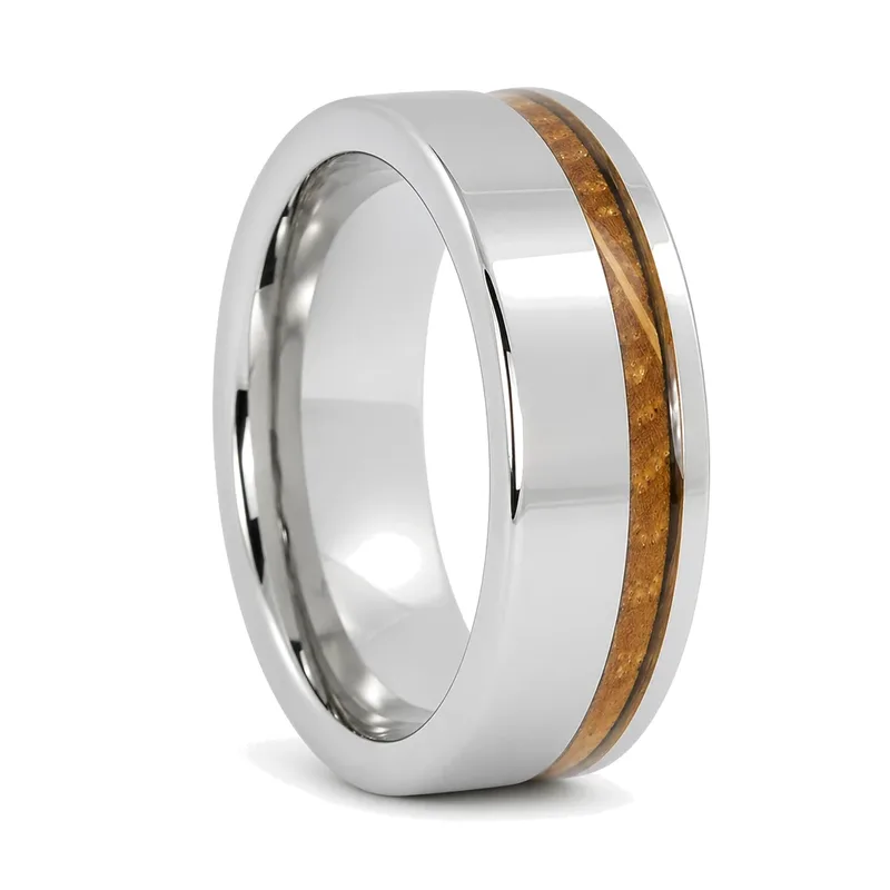 A polished tungsten men's ring with a whiskey barrel wood inlay